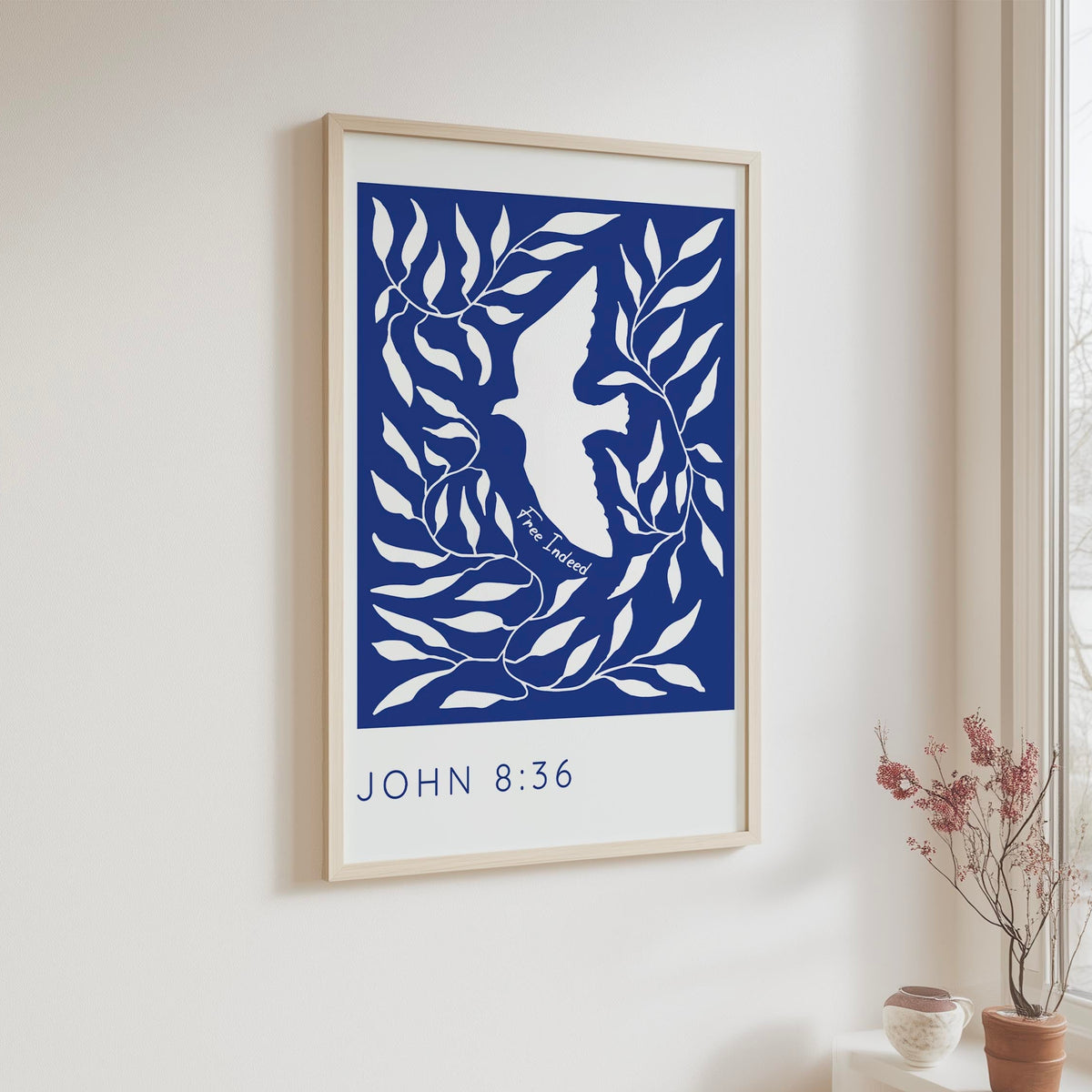 Dove and leaves illustration with the phrase If the Son sets you free, you will be free indeed.