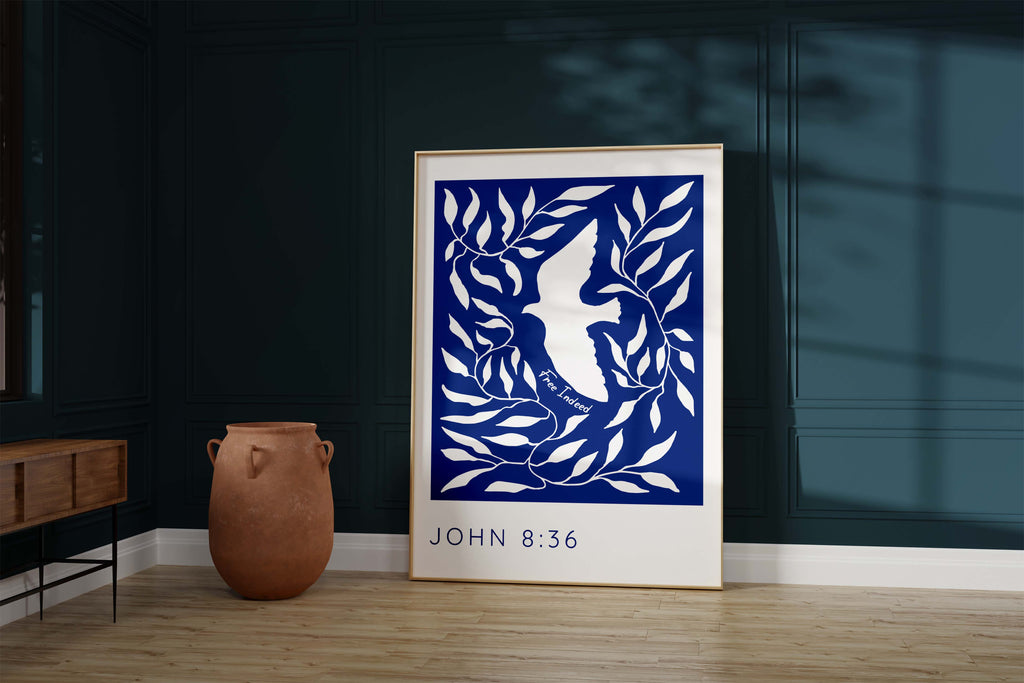 Graceful white dove artwork, John 8:36 'Free Indeed' quote print, religious decor