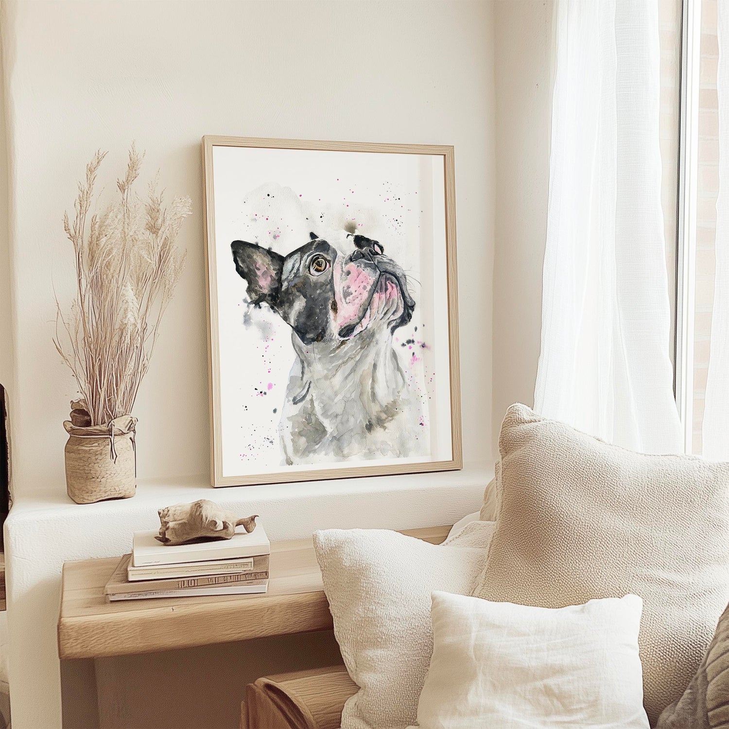 Playful French bulldog portrait print with bat ears and curious eyes, perfect for dog lover decor.