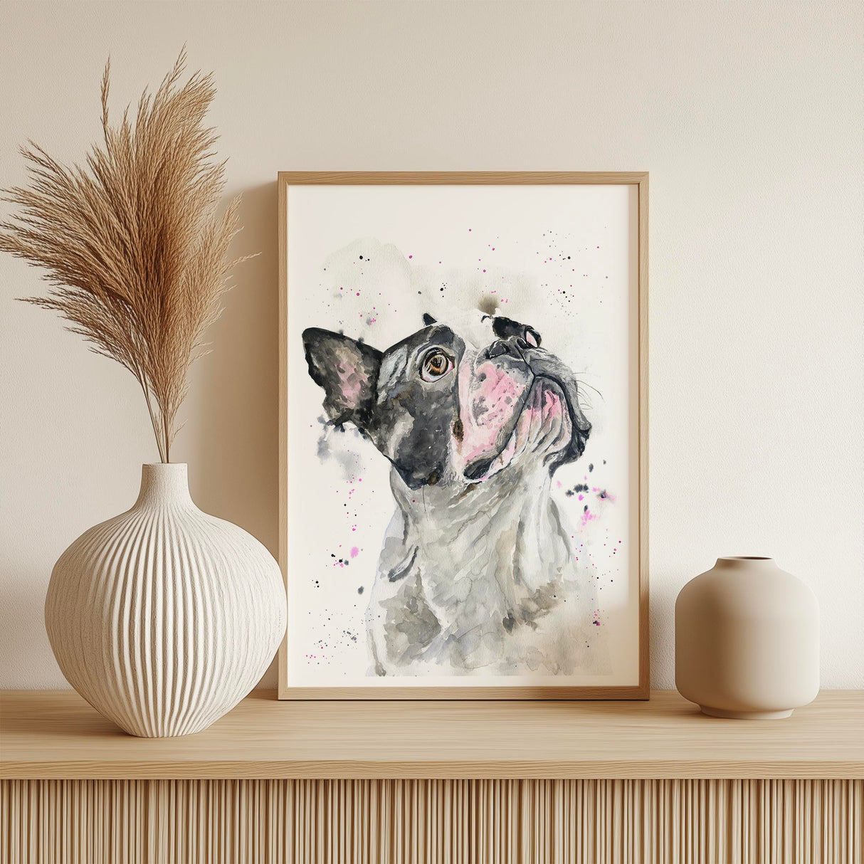 ‘Frenchie Flair’ wall art showing a charming puppy face in soft washes and ink details. Adorable French bulldog print with expressive brushstrokes and a neutral background.