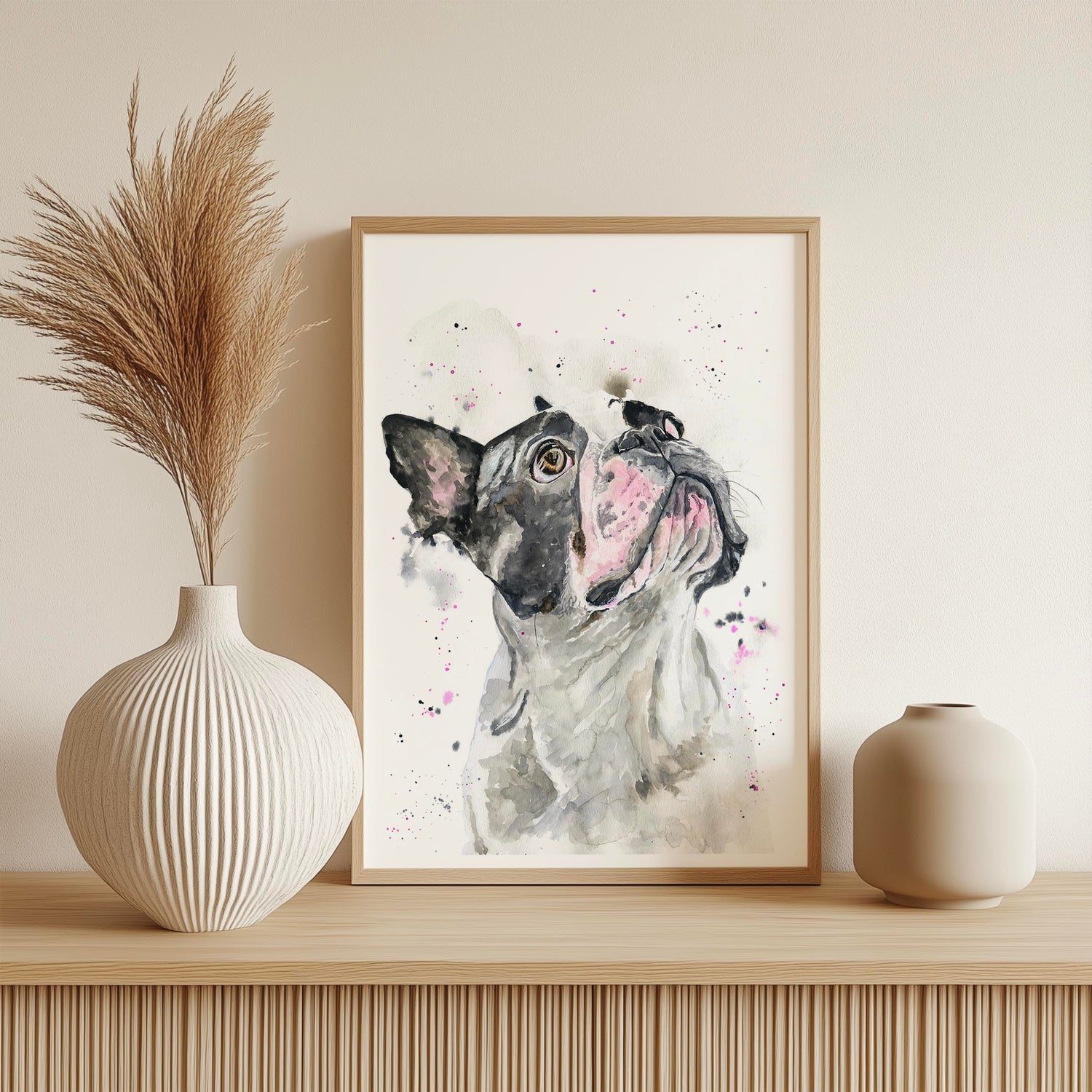 ‘Frenchie Flair’ wall art showing a charming puppy face in soft washes and ink details. Adorable French bulldog print with expressive brushstrokes and a neutral background.