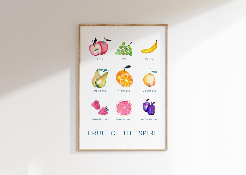 Christian Home Decor with Nine Fruits, Colorful Fruit of the Spirit Scripture Print, Artistic Depiction of Galatians 5:22-23 Fruits