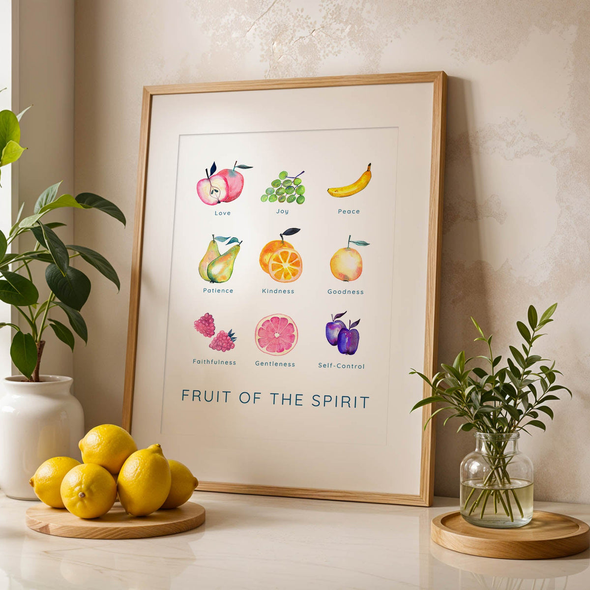 Inspiring Fruit Of The Spirit Print with elegant watercolor fruit and scriptural verse