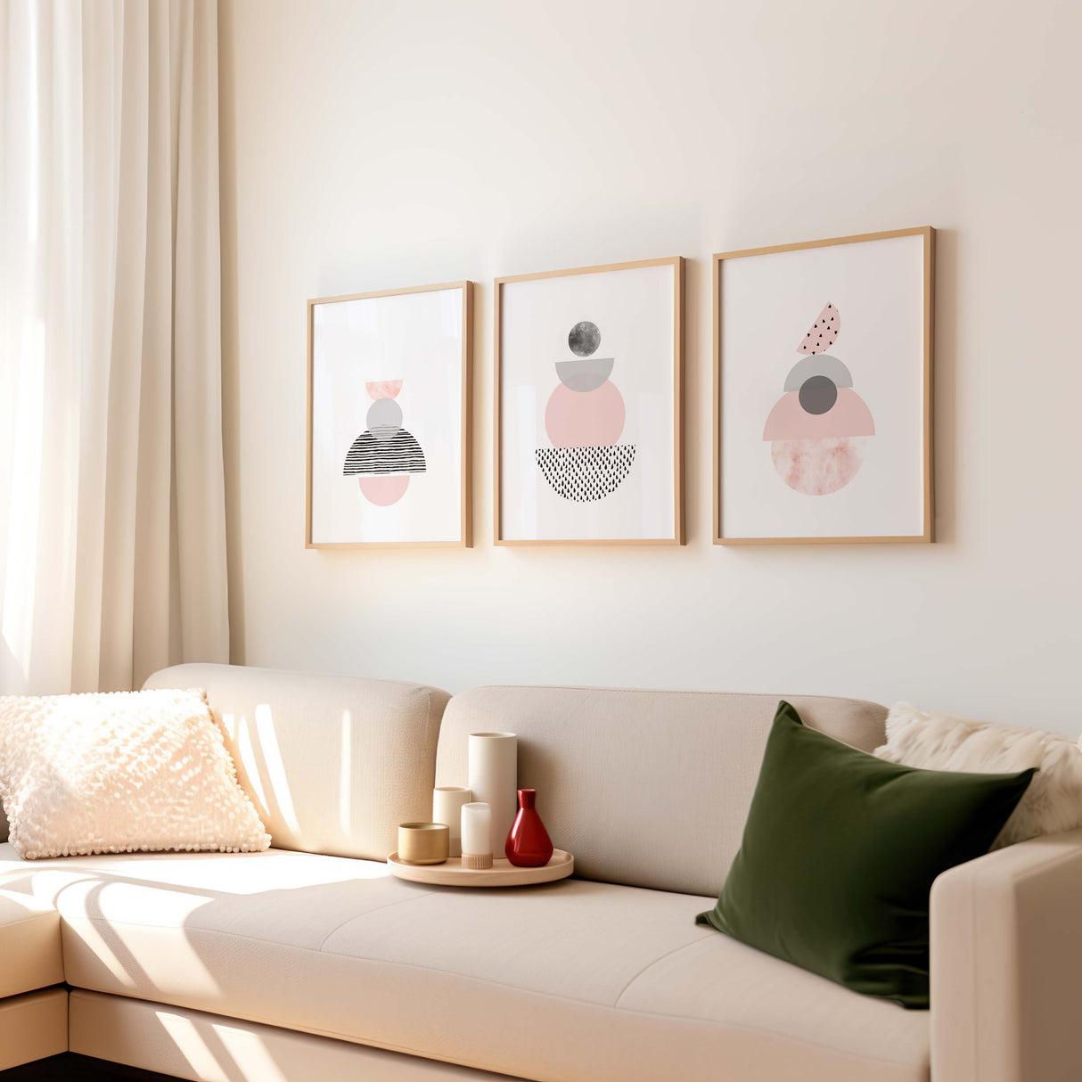 Modern abstract art set with three coordinating prints, each showcasing unique hand-drawn pink and grey shapes against a white backdrop.
