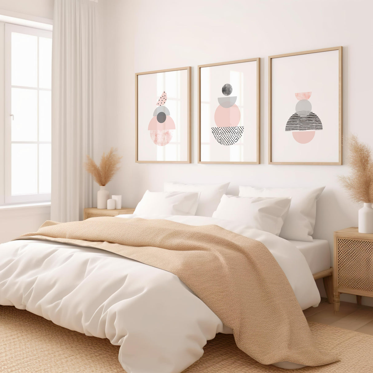 Abstract three-print set featuring hand-drawn geometric designs in soft pink and grey tones, each with a different composition on white backgrounds.