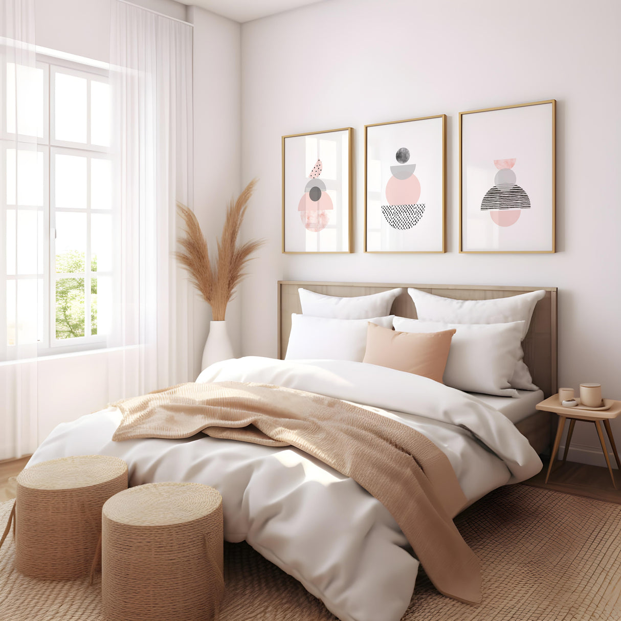 Contemporary abstract wall art featuring a set of three hand-drawn prints with unique pink and grey shapes over a crisp white background.