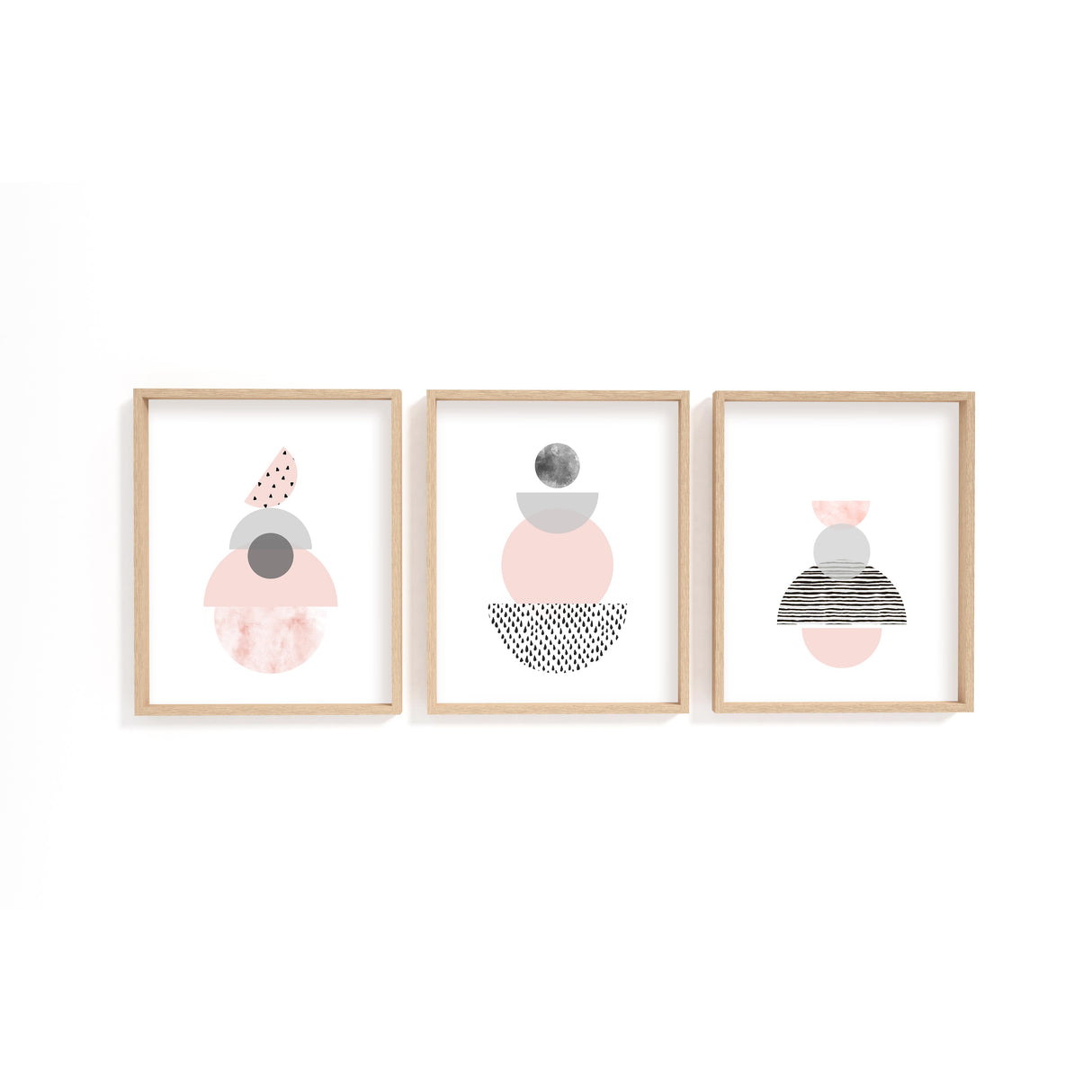 Minimalist geometric shape wall art set of three, with hand-drawn pink and grey abstract forms on white backgrounds.