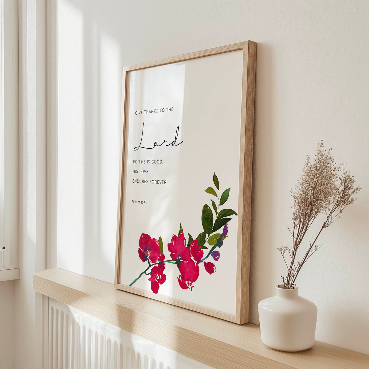 Psalm 107 1 gratitude print, red pink orchid, Christian home decor. Faith wall art featuring Psalm 107 1 and botanical orchid artwork.