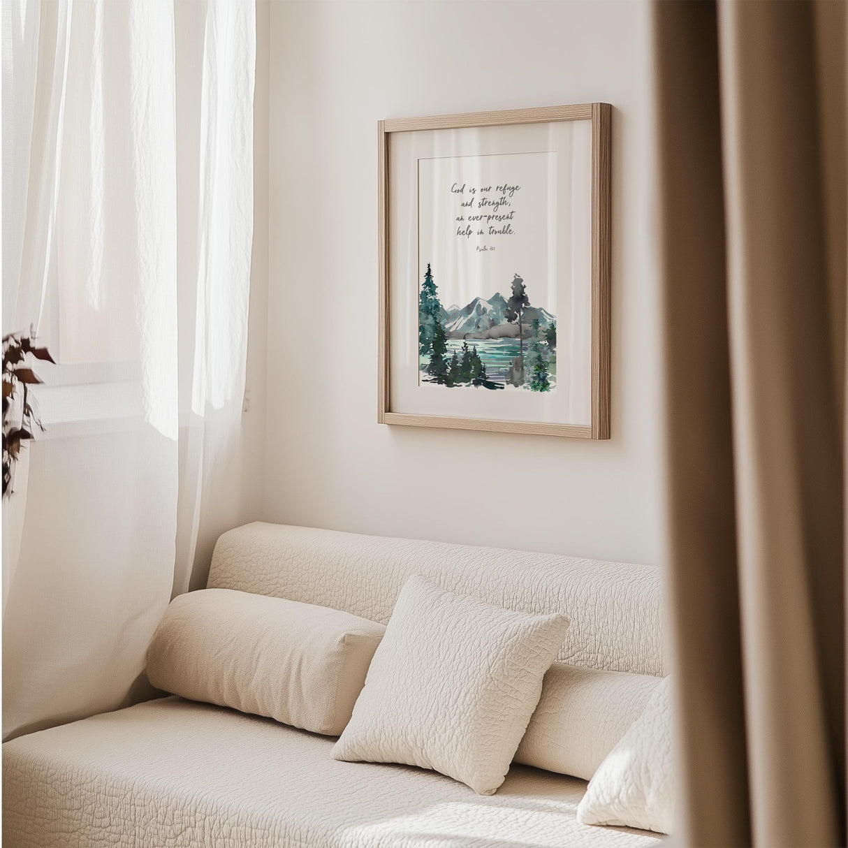 Psalm 46 1 art print featuring peaceful nature scene with calm waters.