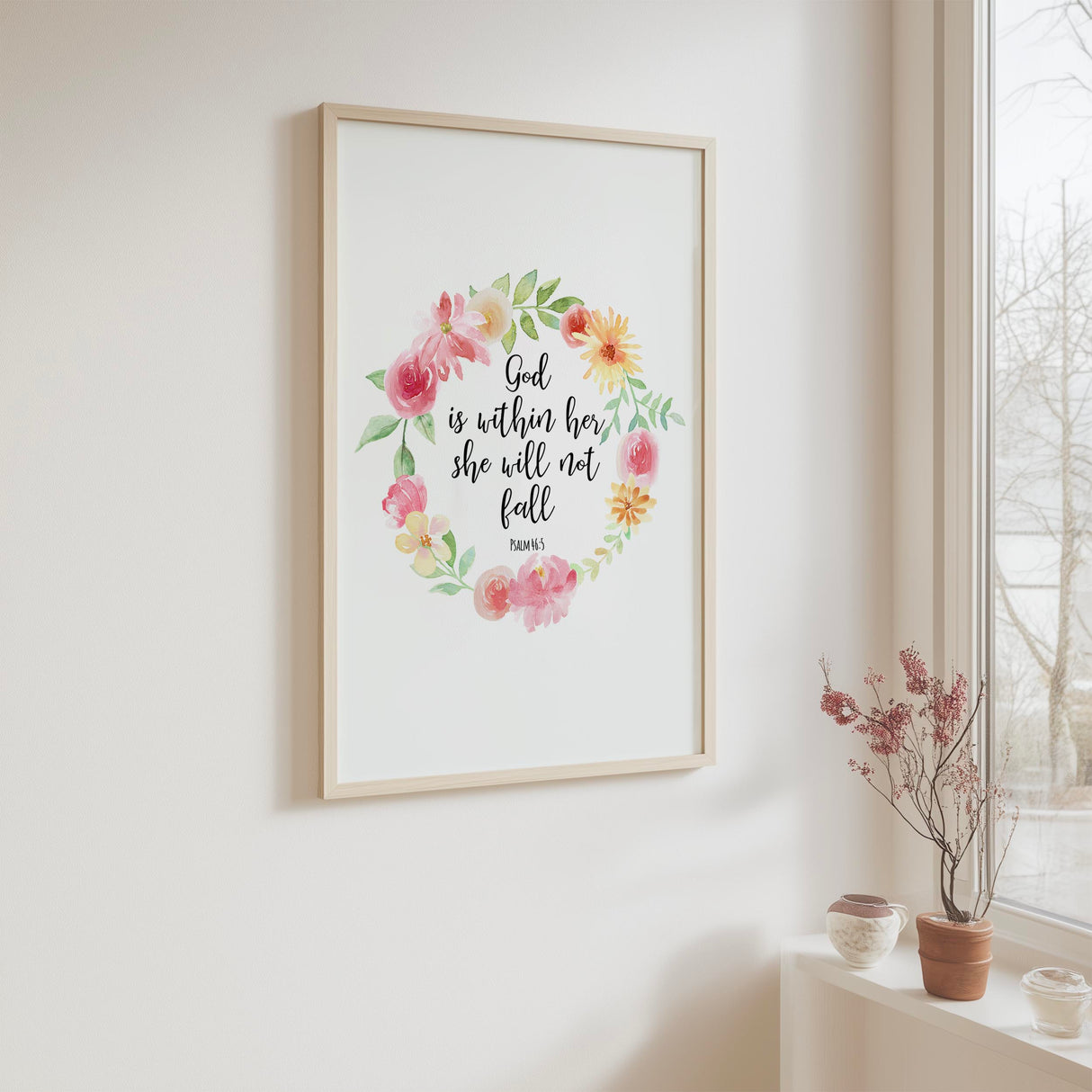 Psalm 46 5 floral wreath art print with God is within her quote in pink and green watercolour.