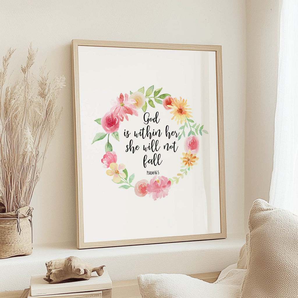 Inspirational Christian wall art for women with delicate pink floral wreath and Bible verse.