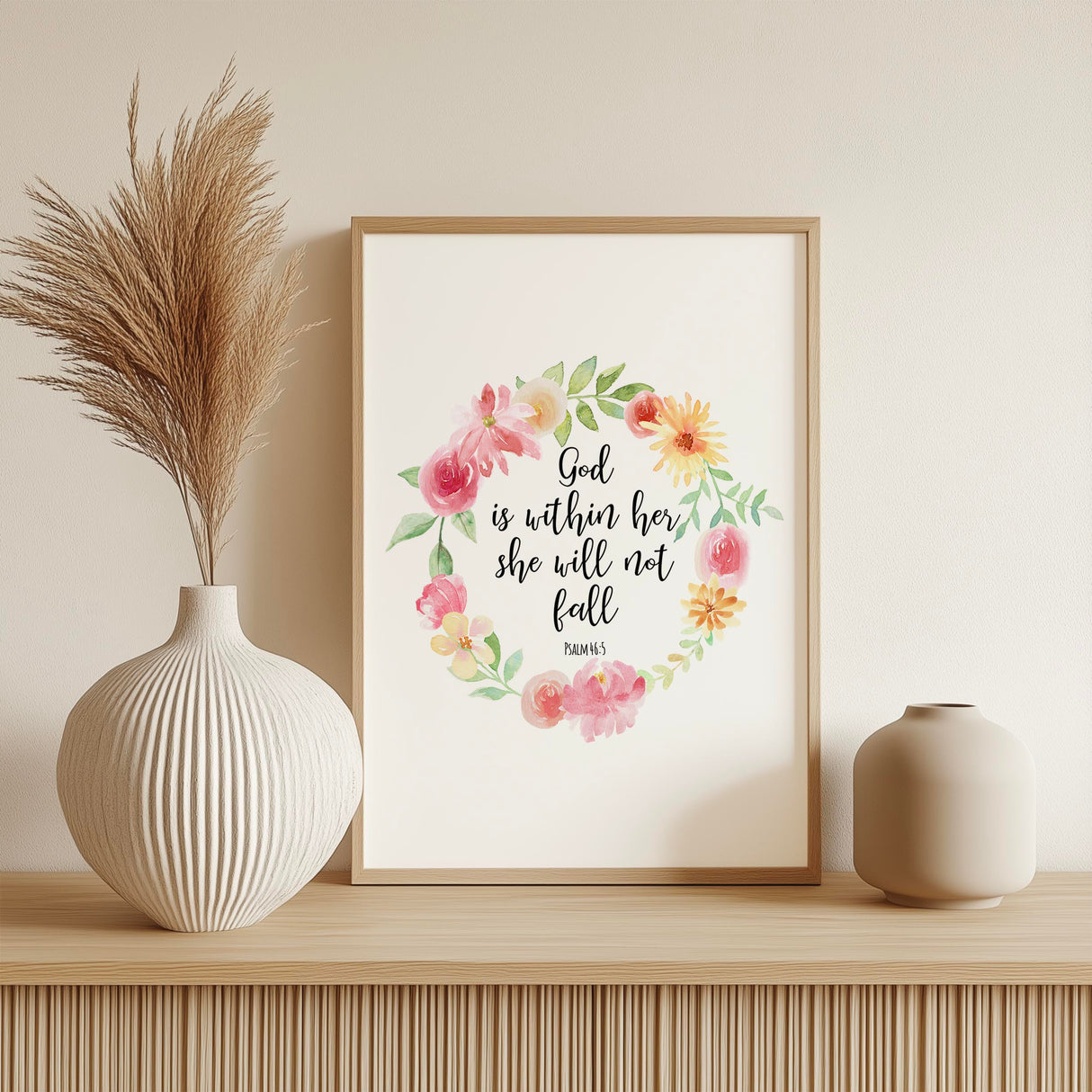 God is within her Christian quote print featuring Psalm 46 5 in uplifting floral watercolour style.