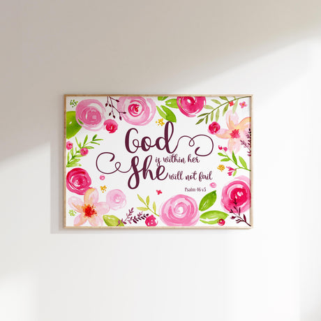 Elegant faith-inspired decor print with floral details and the verse 'God is within her'.
