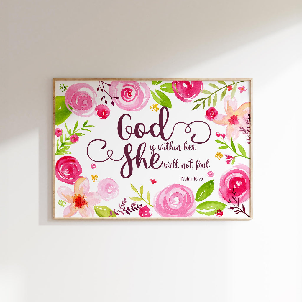 Elegant faith-inspired decor print with floral details and the verse 'God is within her'.