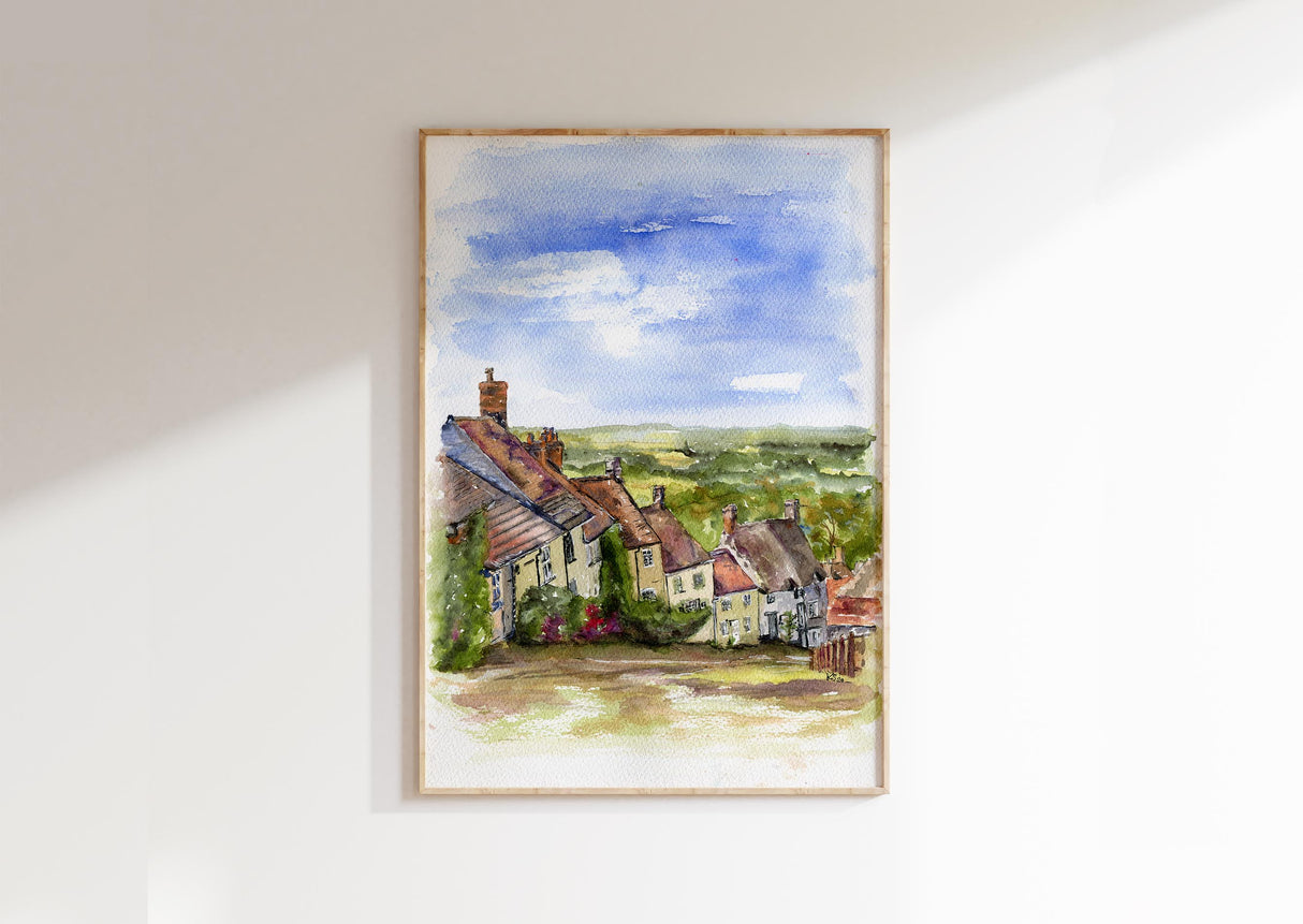 Watercolour print of Gold Hill’s historic cobbled street and cottages.