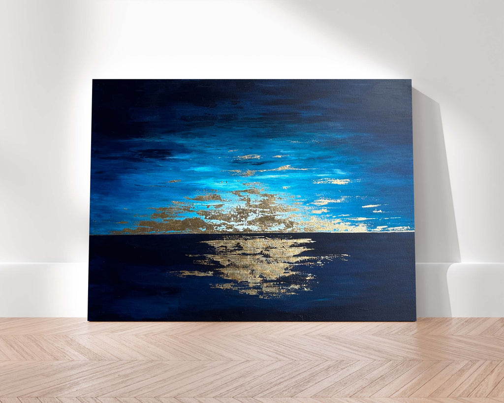 Elegant gold leaf seascape wall art for modern interiors, Golden twilight seascape canvas with abstract design