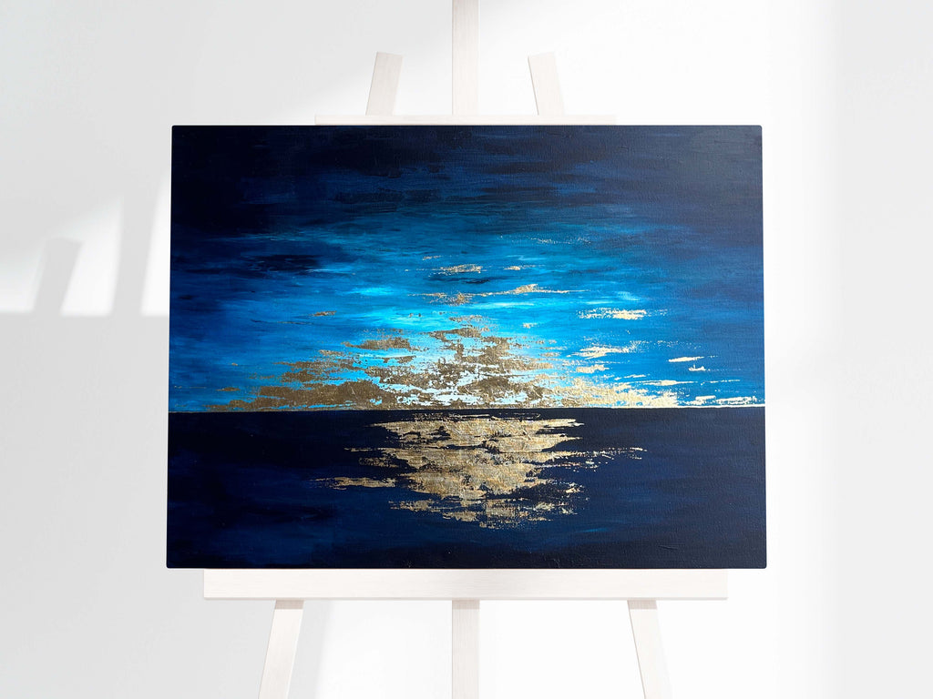 Gold leaf horizon seascape artwork for wall decor, Contemporary seascape canvas with gold leaf accents, Large acrylic seascape