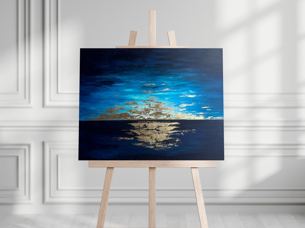 Luxurious gold leaf seascape painting for home decoration, Unique seascape art with shimmering gold leaf embellishments