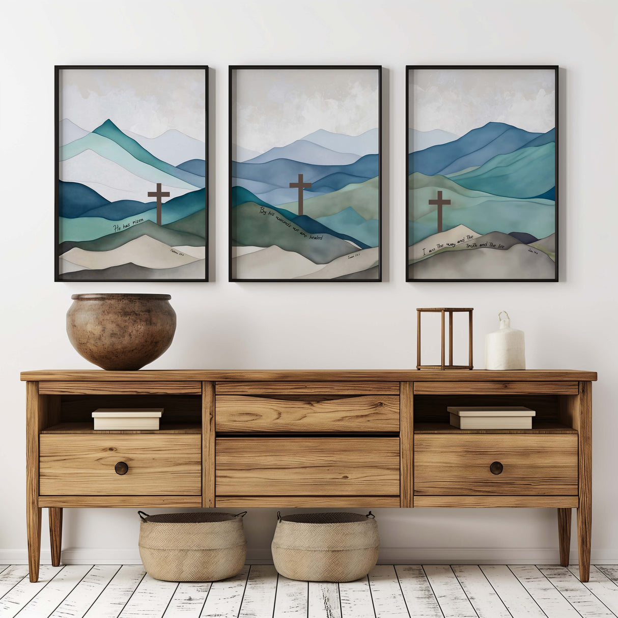 Christian triptych wall art set featuring serene blue and green mountain landscapes with Easter scriptures from Matthew 28:6, Isaiah 53:5, and John 14:6.
