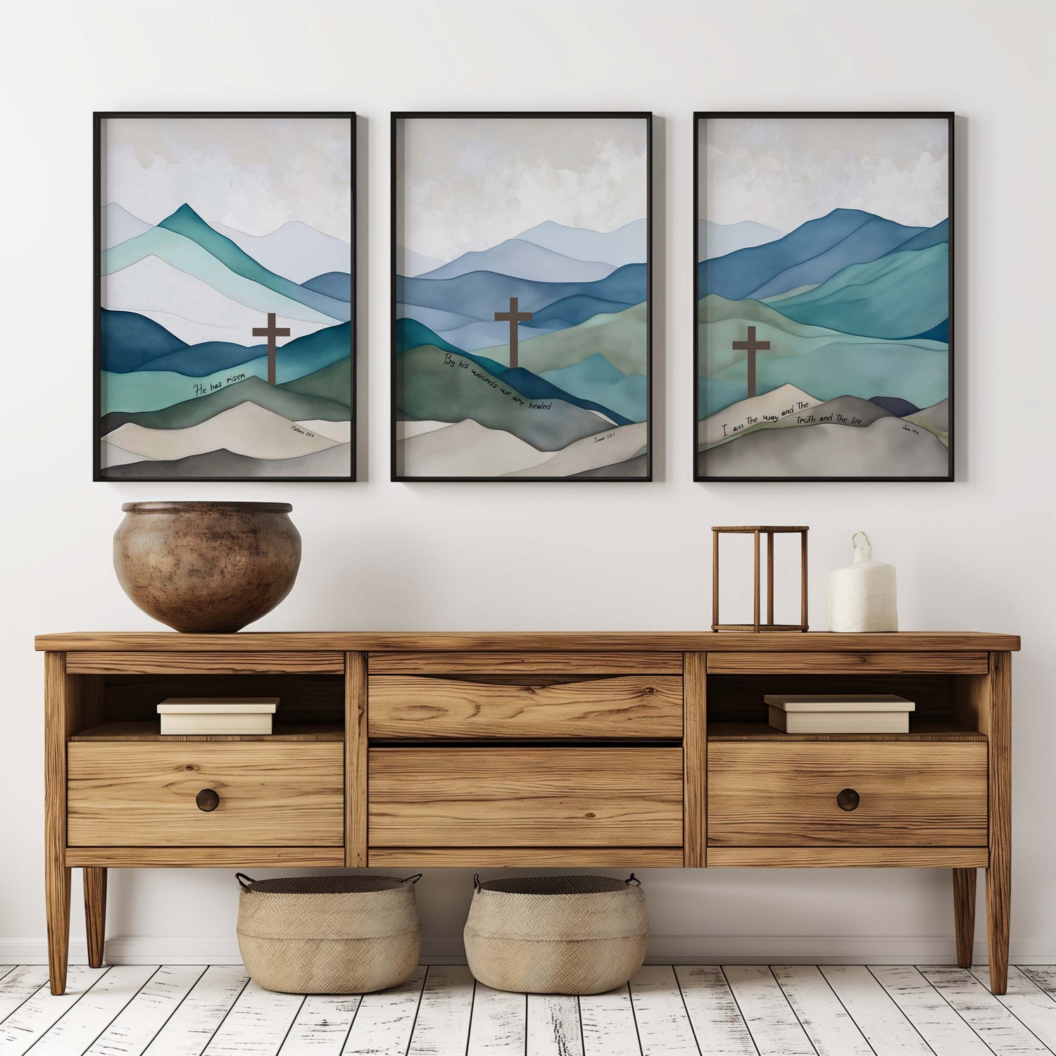 Christian triptych wall art set featuring serene blue and green mountain landscapes with Easter scriptures from Matthew 28:6, Isaiah 53:5, and John 14:6.