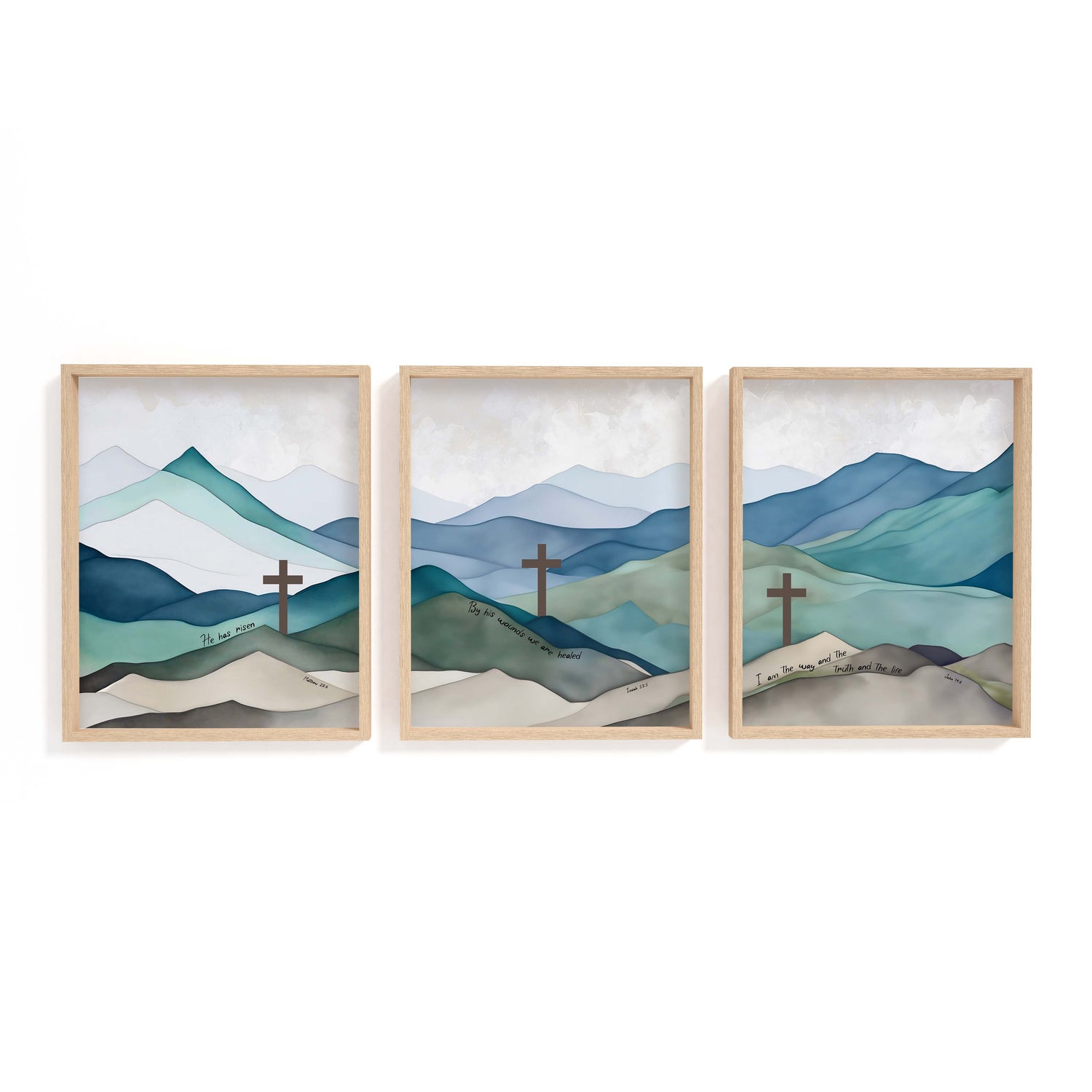 Set of three inspirational Bible verse prints with mountain imagery, celebrating resurrection, healing, and truth from key New Testament verses.