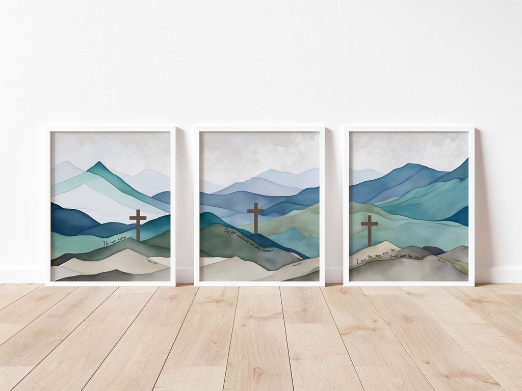 Mountain landscape scripture triptych, Christian wall art set with Bible verses, Watercolor mountain hills print collection