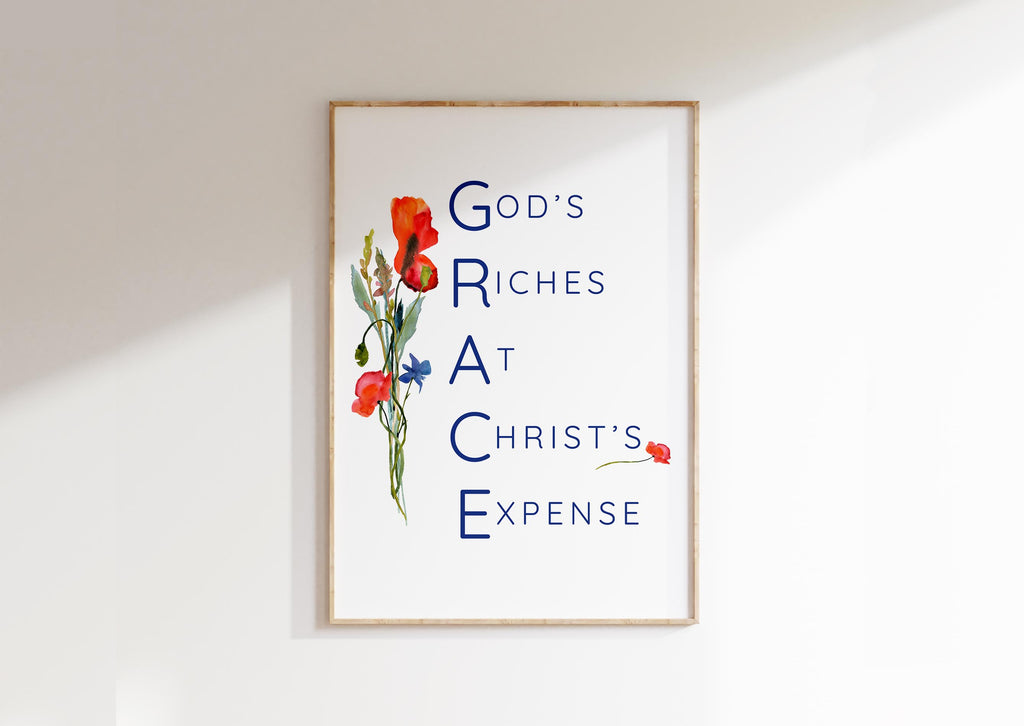 GRACE-themed Christian poster: a delicate bouquet of watercolor flowers forming the acronym, a symbol of God's boundless blessings.