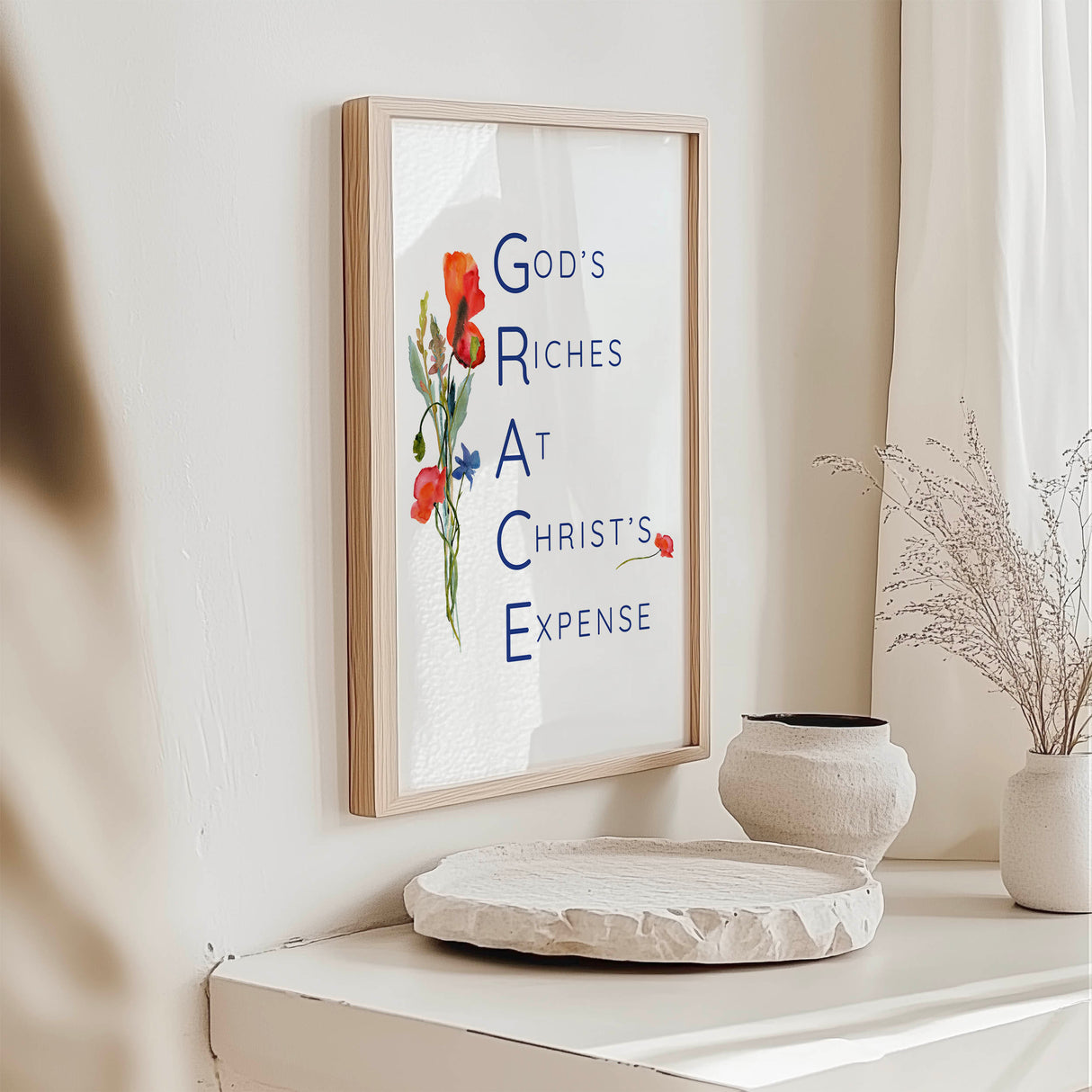 Inspirational GRACE print with floral artwork and the phrase Gods Riches At Christs Expense.