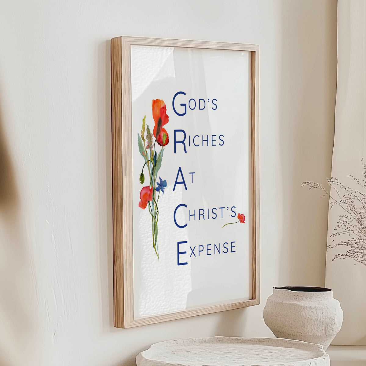 Inspirational GRACE print with floral artwork and the phrase Gods Riches At Christs Expense.