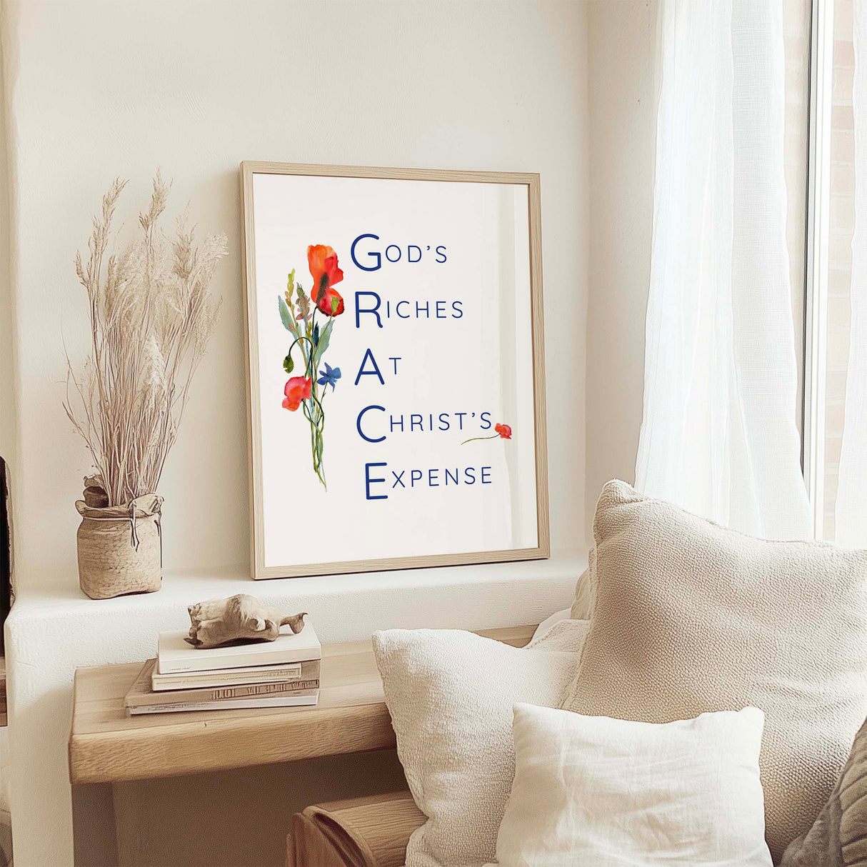 Grace print with wildflower bouquet and the words 'Gods Riches At Christs Expense' in soft watercolour tones.