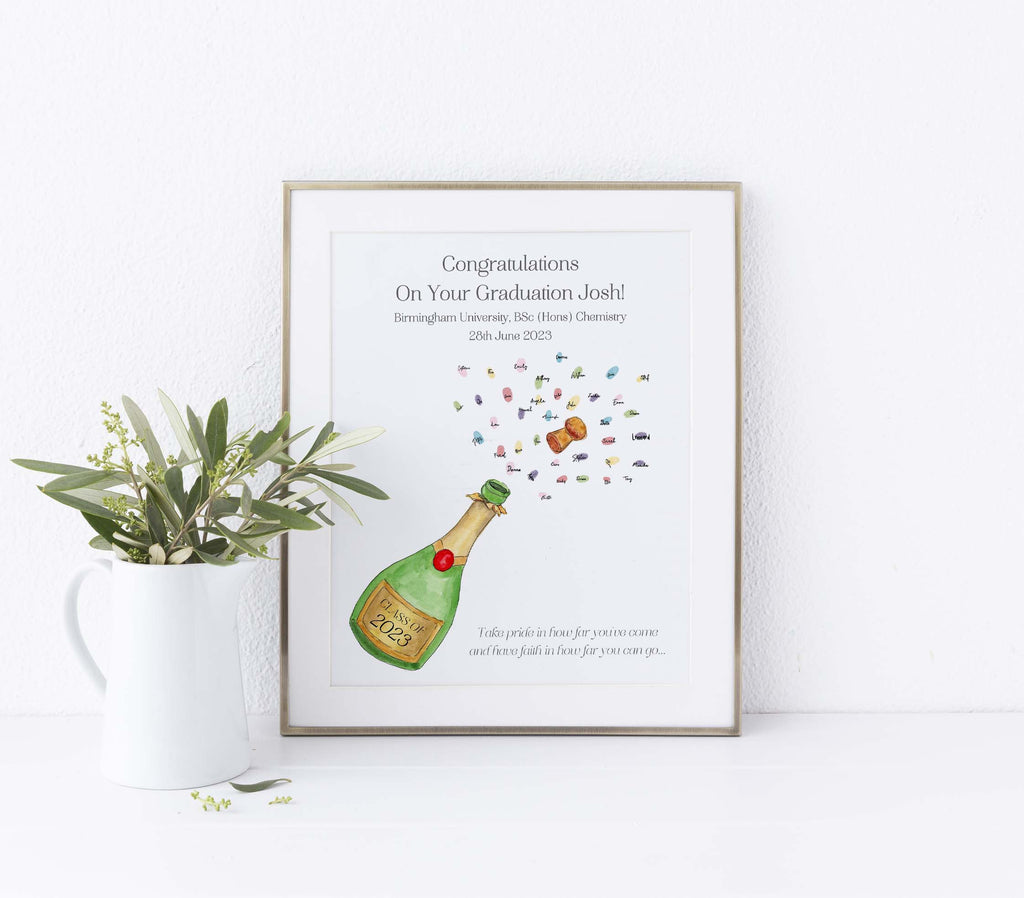graduation party print with fingerprint bubbles, Custom champagne bottle fingerprint art for graduation celebrations