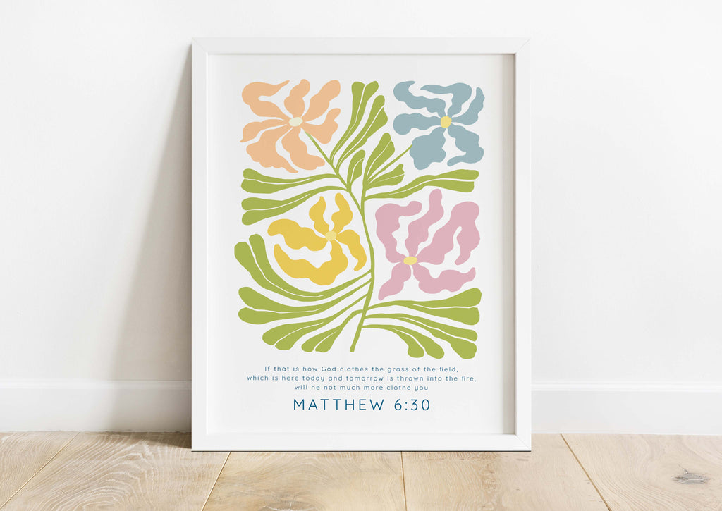 Faith-inspired artwork featuring Matthew 6:30 passage, Colorful Matisse design Bible verse print for home decor