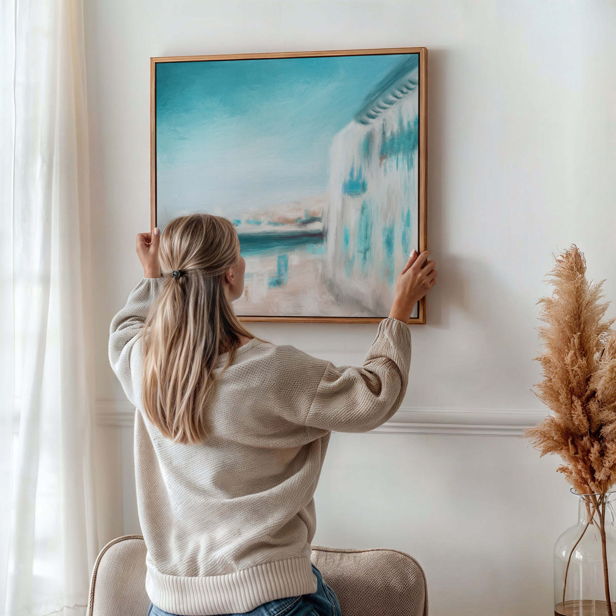Abstract painting titled HarbourLight in turquoise, teal, cream, and sand tones