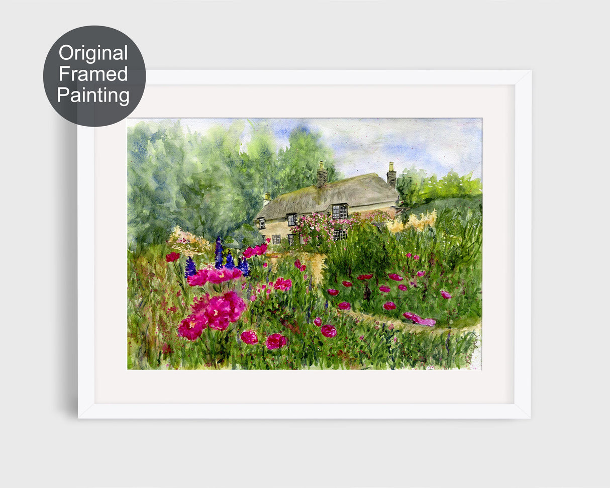 'Blooming at Hardy's' - Watercolour Painting of Thomas Hardy’s Cottage in Dorset with Summer Garden Flowers and Greenery