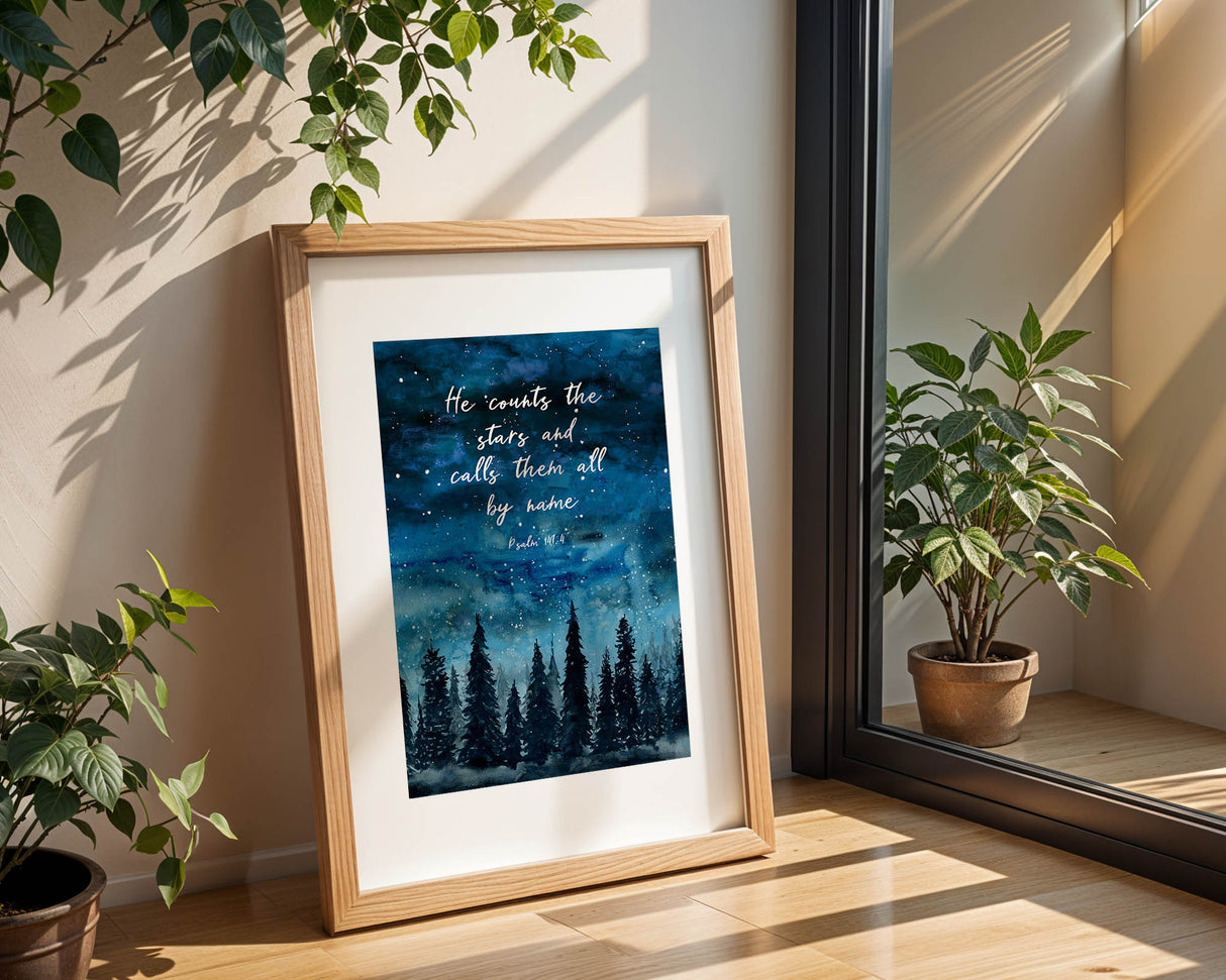 He Counts The Stars Bible verse wall art with starry sky and forest watercolour, Psalm 147:4.