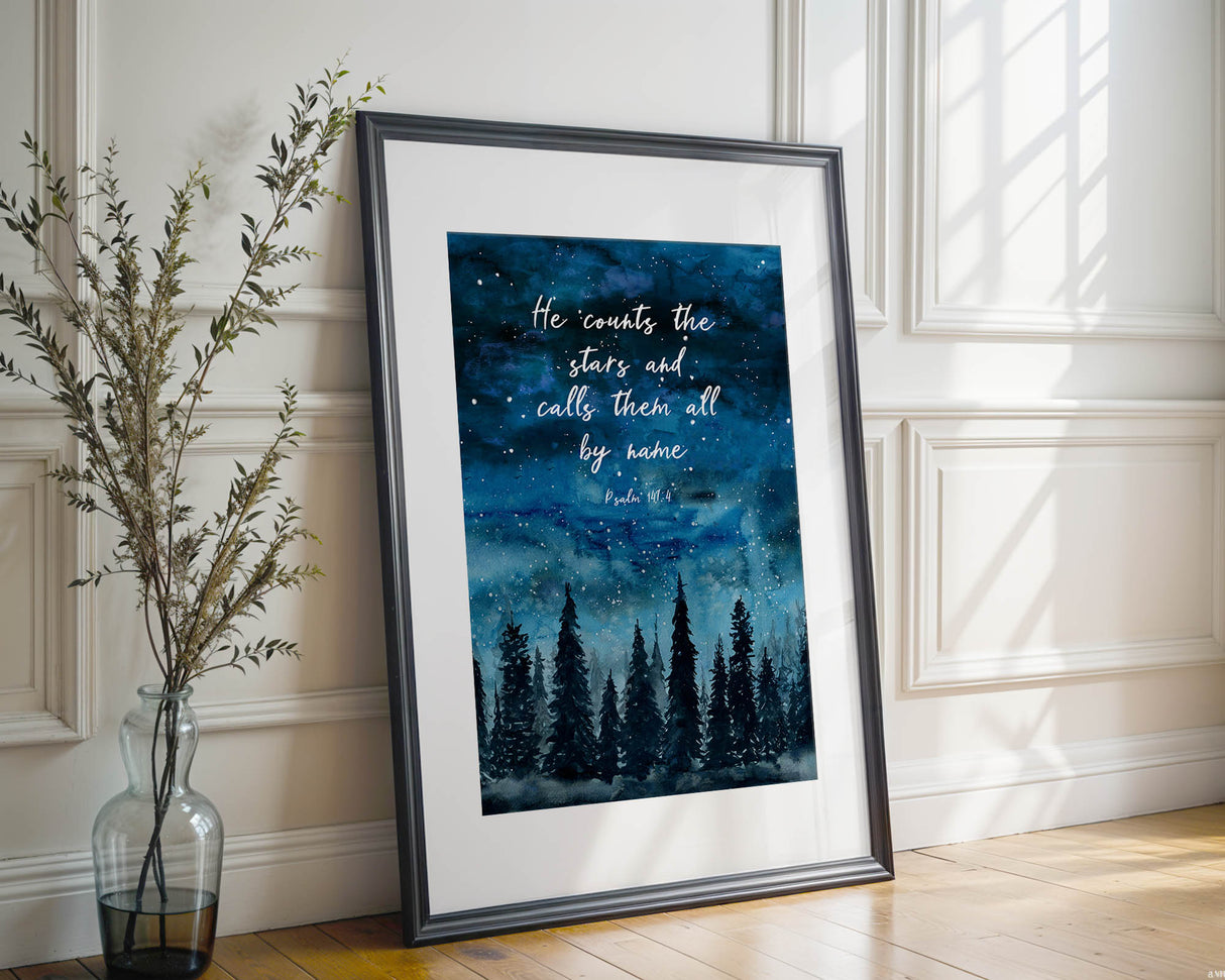 Watercolour forest and starry sky print with Psalm 147:4 Bible verse, Christian faith wall art.