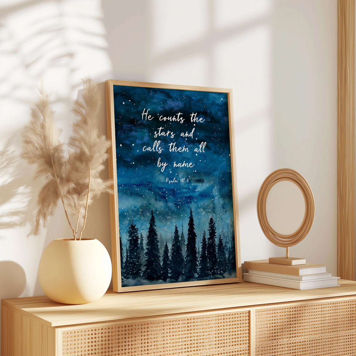 Psalm 147:4 print featuring a starry night sky and tranquil forest, faith inspired Christian art.