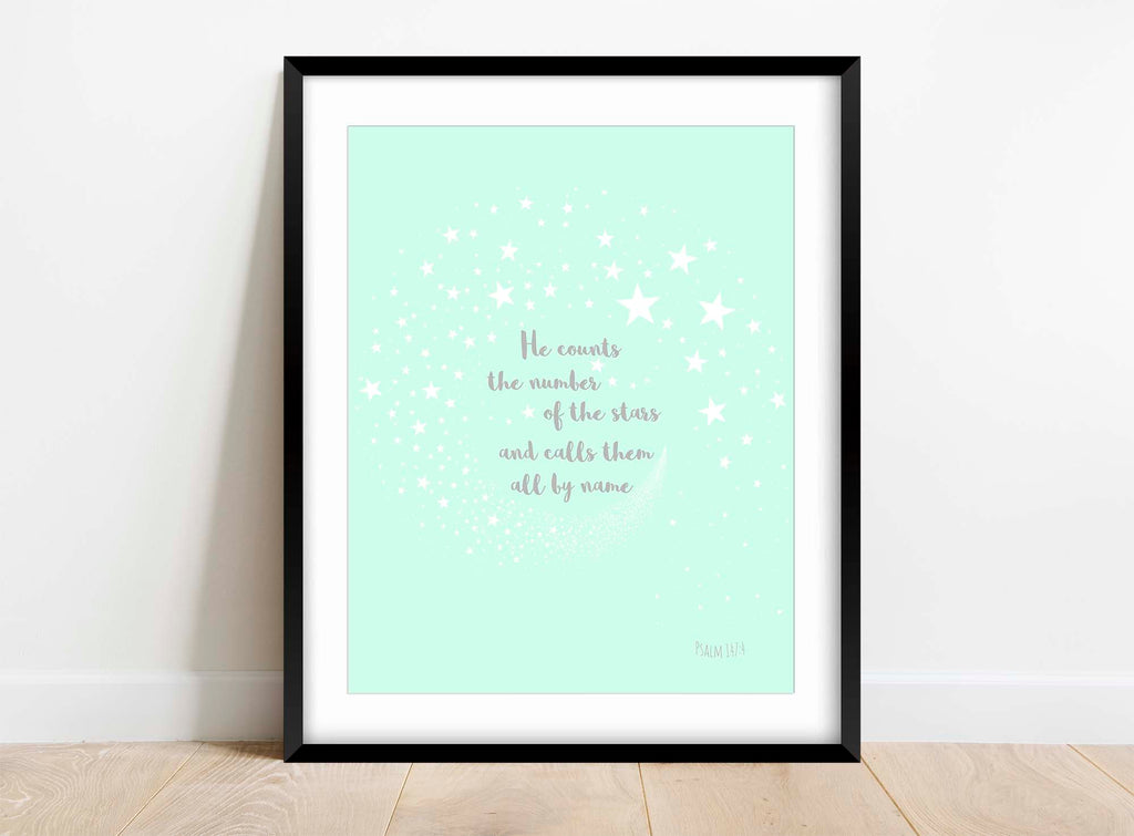 Psalm 147 Art, He Counts the Stars and Calls Them All By Nane Print, Bible Verse Poster for Kids Room Prints, Scripture Art