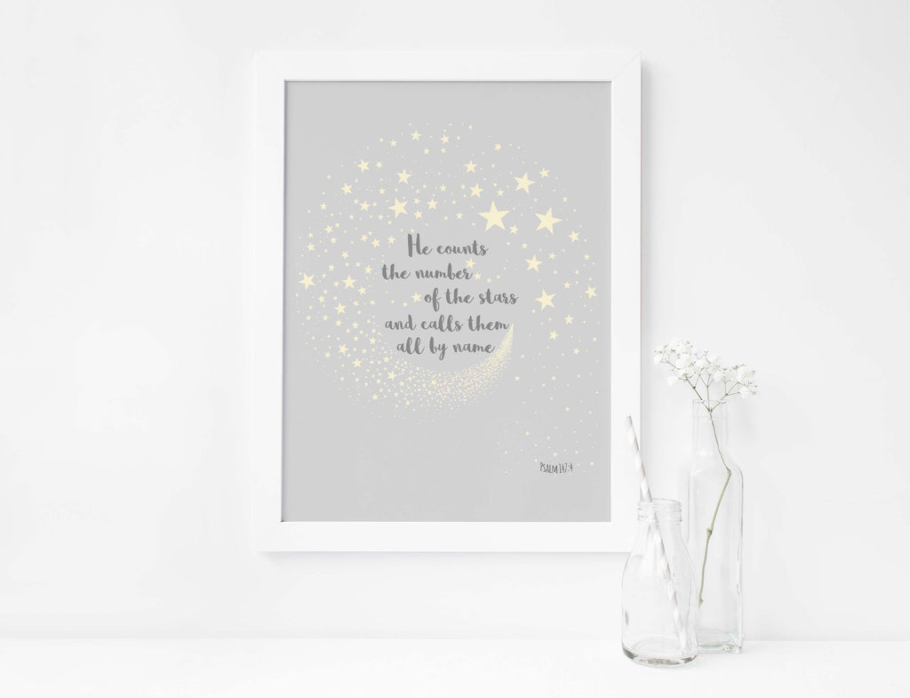 Psalm 147 star themed wall art for Christian home decor, Inspirational Bible verse print featuring stars and galaxies
