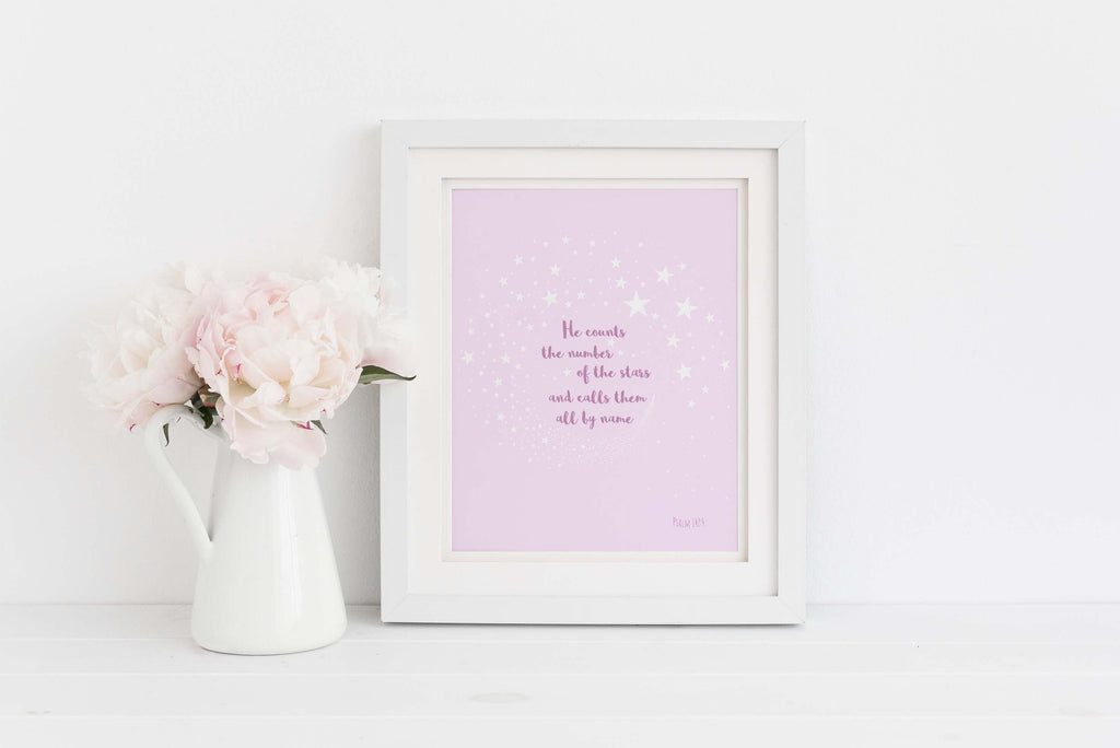 Christian wall art in pink and white with Psalm 147 verse, Starry sky Bible verse art print for bedroom or living room