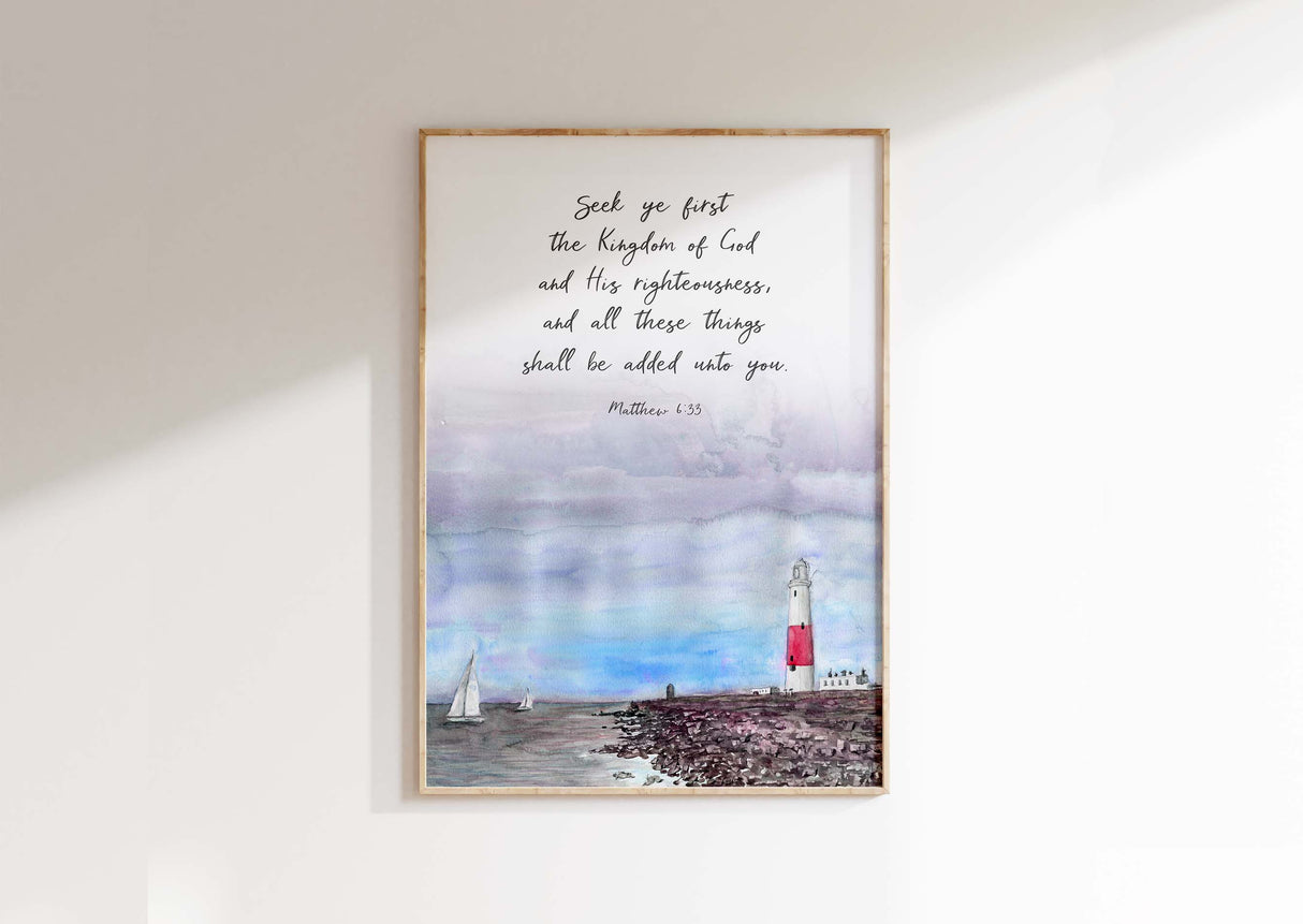 Watercolour Christian wall art print with harbour, lighthouse, and Matthew 6:33 Bible verse