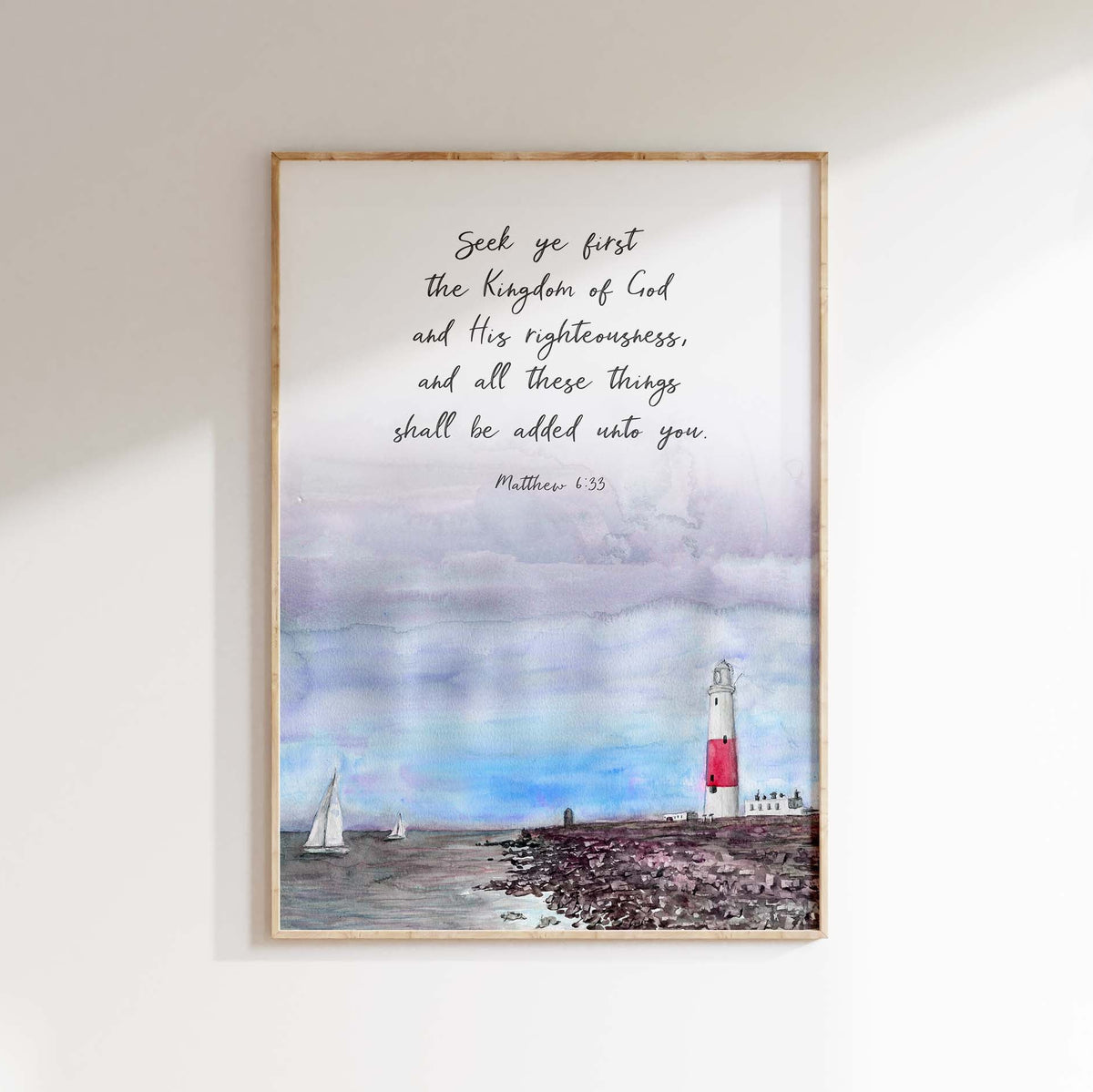 Watercolour Christian wall art print with harbour, lighthouse, and Matthew 6:33 Bible verse
