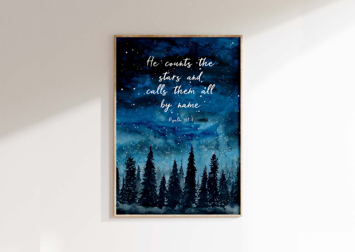 Christian wall art print, He Counts The Stars, with dreamy blue watercolour sky and forest scene.