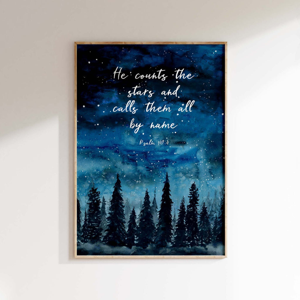 Christian wall art print, He Counts The Stars, with dreamy blue watercolour sky and forest scene.