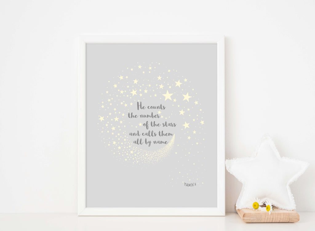 Christian print featuring Psalm 147 verse and starry night sky, Bible verse artwork for wall in grey and yellow with starry background