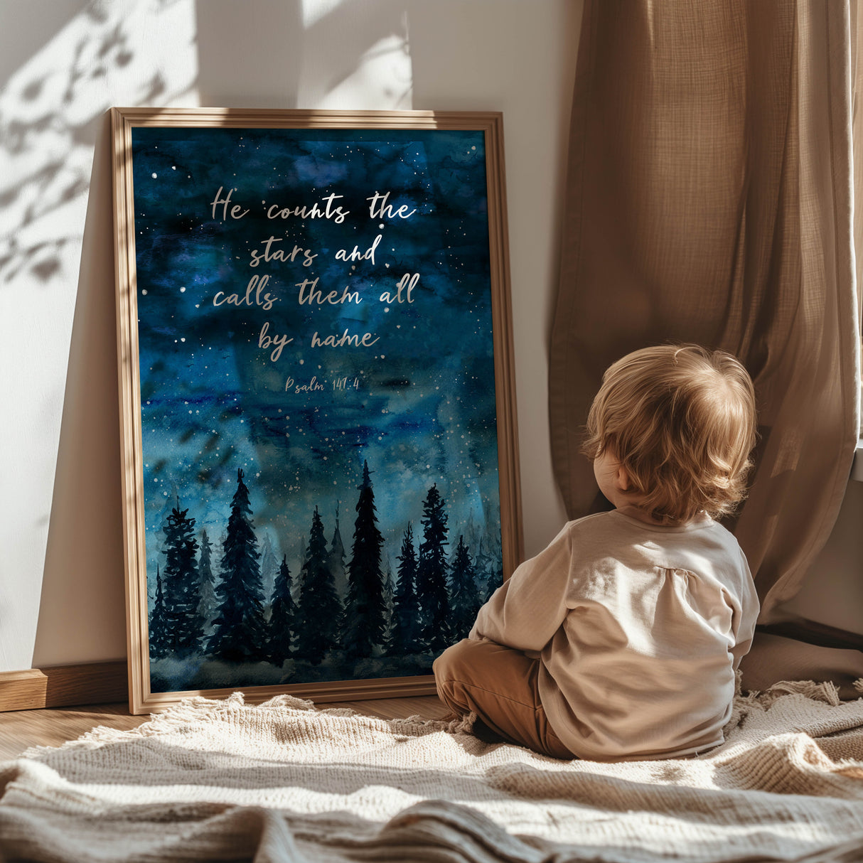 Watercolour night sky and forest print with Psalm 147:4 verse, He Counts The Stars, Christian wall art.