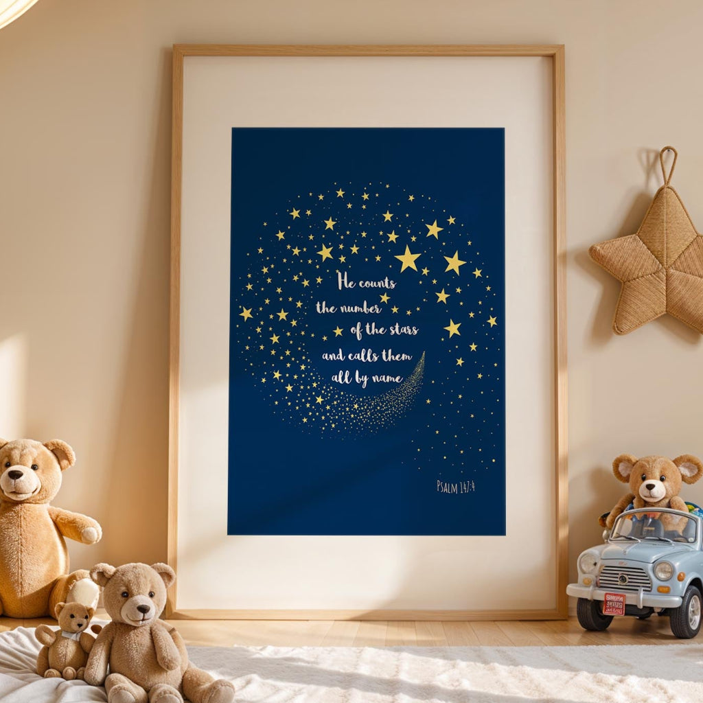 Christian wall art print with Psalm 147 verse over a starry sky backdrop reminding God counts and names the stars.