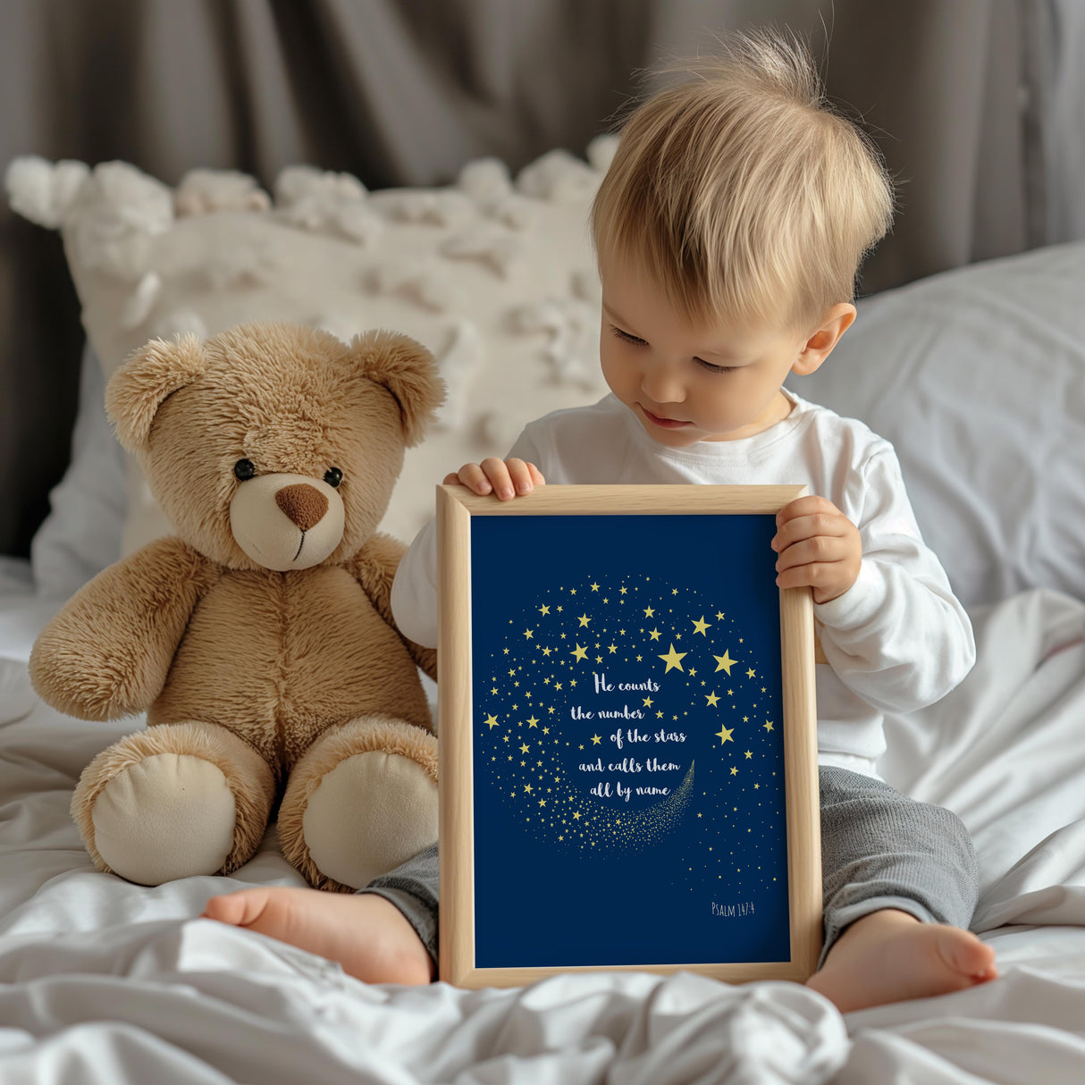Psalm 147 star themed Bible verse print featuring a night sky and inspiring scripture about God's infinite care.
