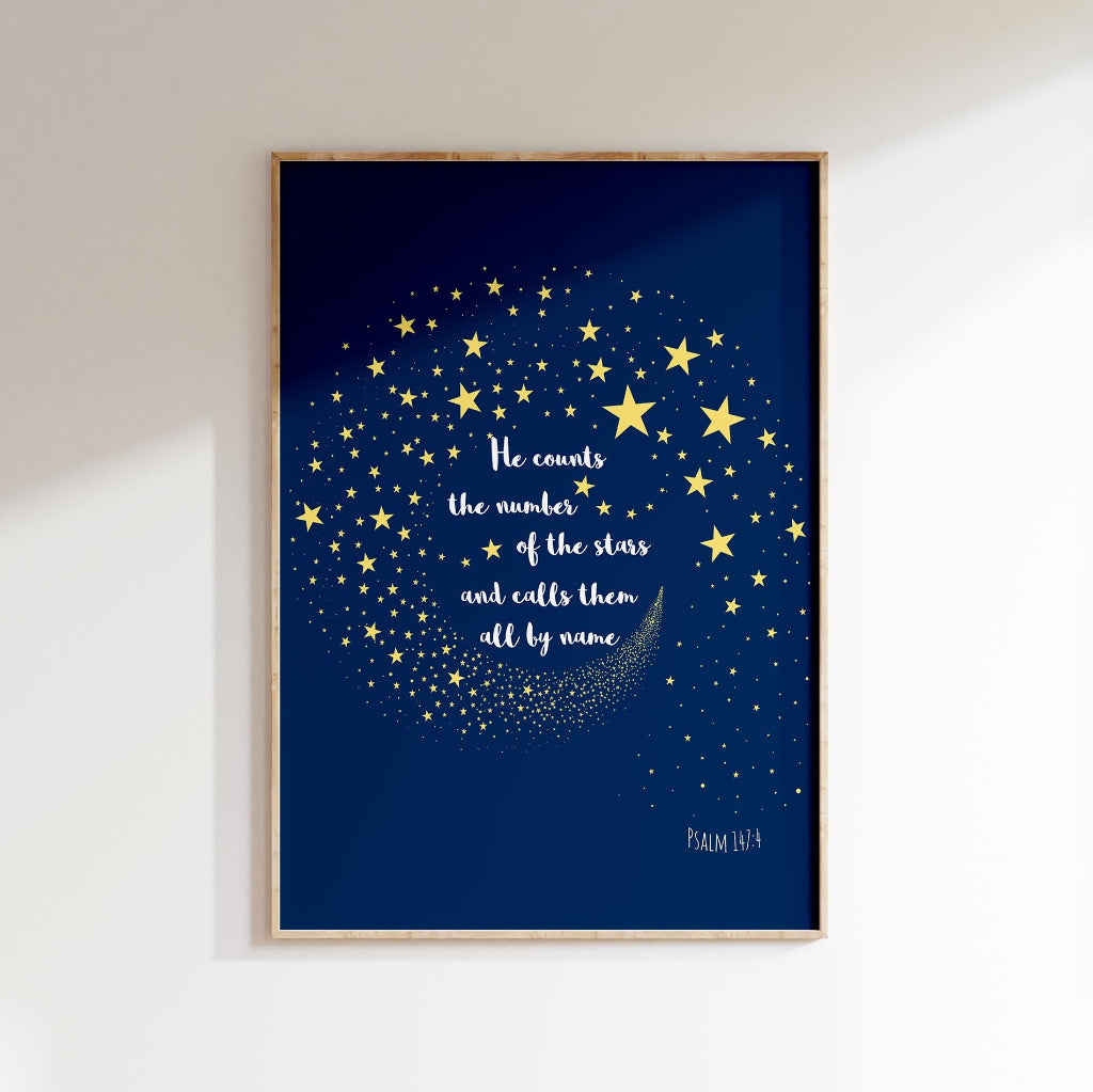 Bible verse art featuring night sky illustration and Psalm 147 to encourage faith and wonder in God's creation.