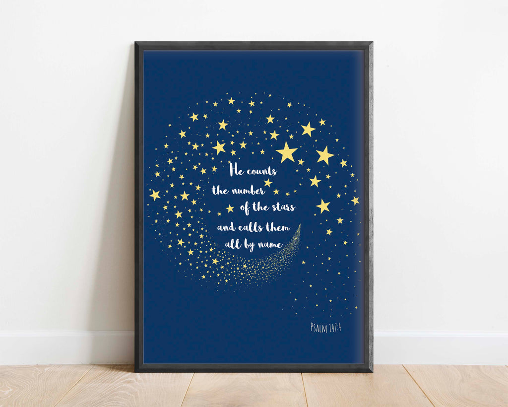 Navy blue and white Christian art print for modern farmhouse decor, Starry night sky Bible verse print for religious gift or housewarming